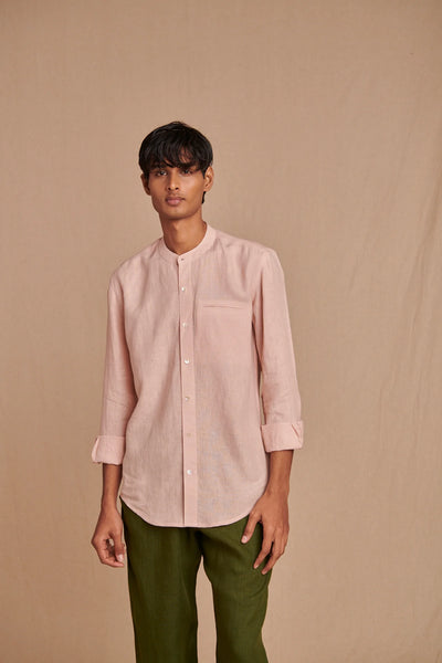 Blush Linen Men's Band Collar Shirt - Slim Fit