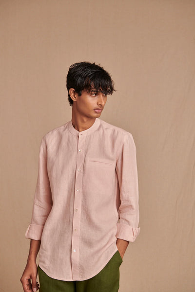 Blush Linen Men's Band Collar Shirt - Slim Fit