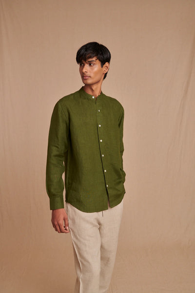 Safari Linen Men's Band Collar Shirt