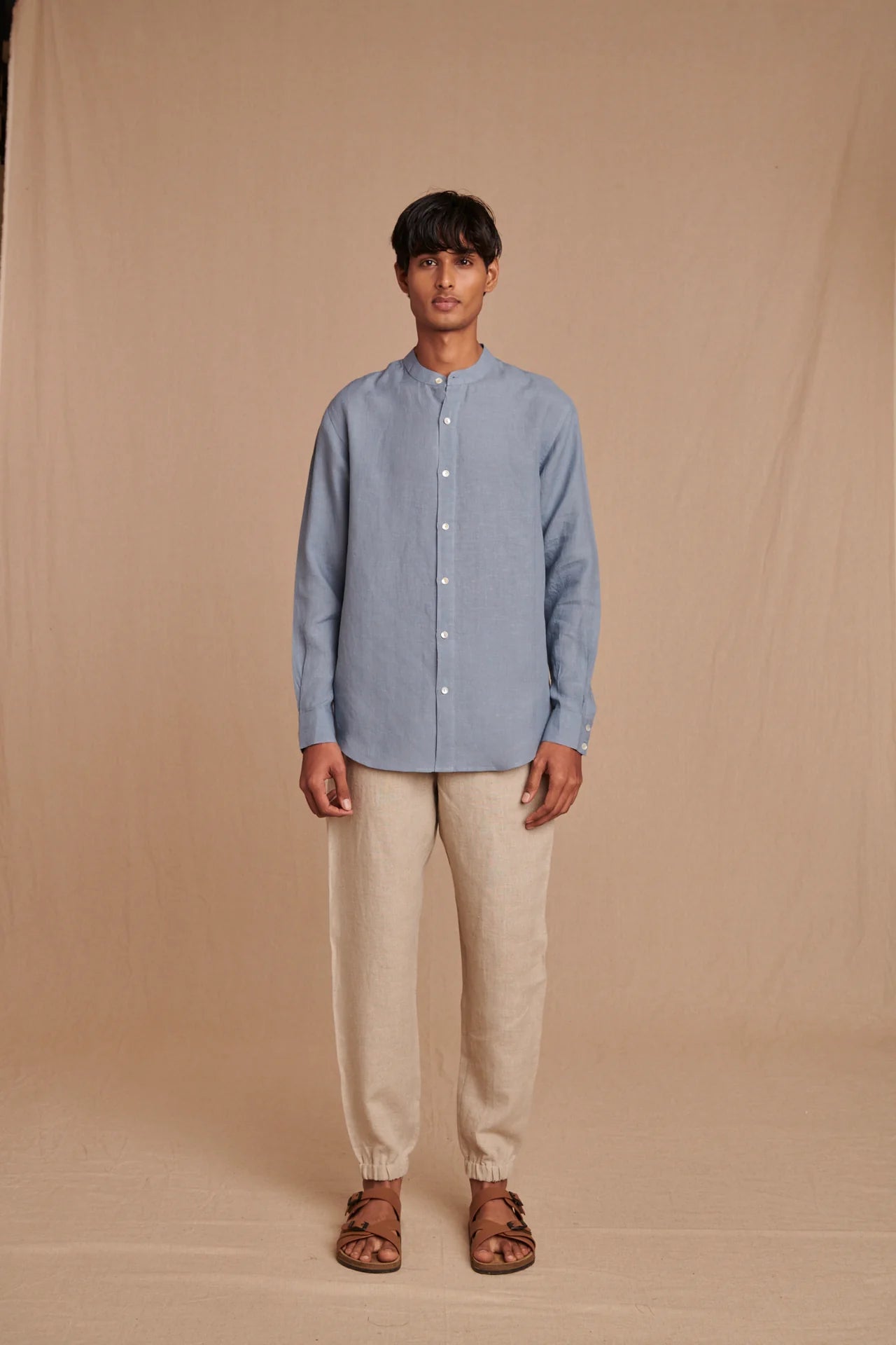 Sky Linen Men's Band Collar Shirt