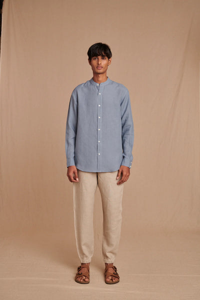 Sky Linen Men's Band Collar Shirt