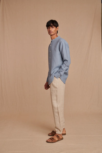 Sky Linen Men's Band Collar Shirt
