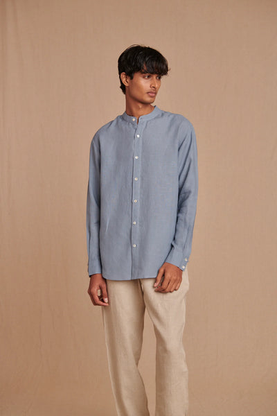Sky Linen Men's Band Collar Shirt