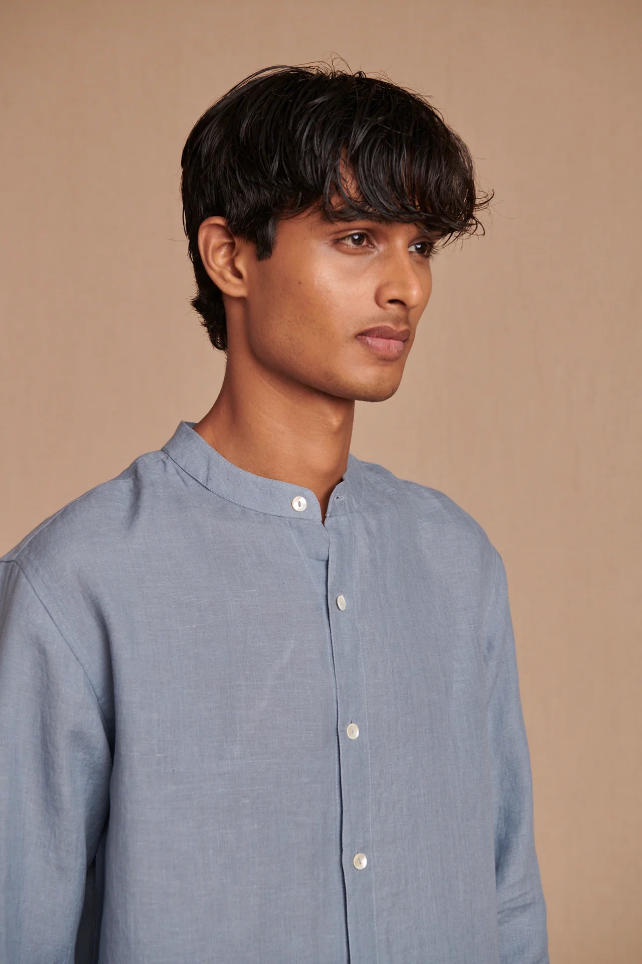 Sky Linen Men's Band Collar Shirt