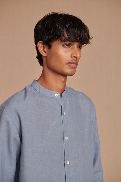 Sky Linen Men's Band Collar Shirt