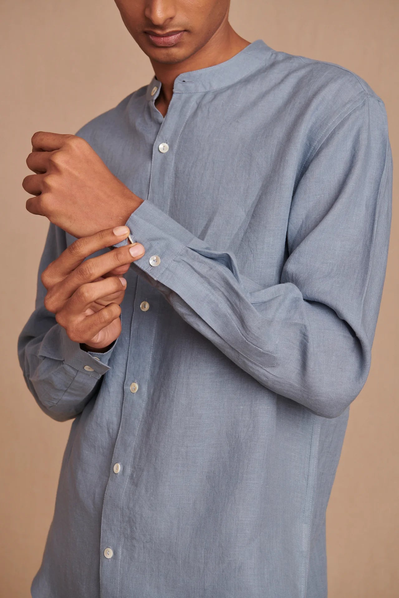 Sky Linen Men's Band Collar Shirt