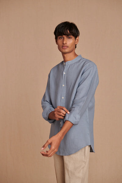 Sky Linen Men's Band Collar Shirt