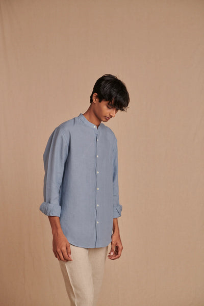Sky Linen Men's Band Collar Shirt