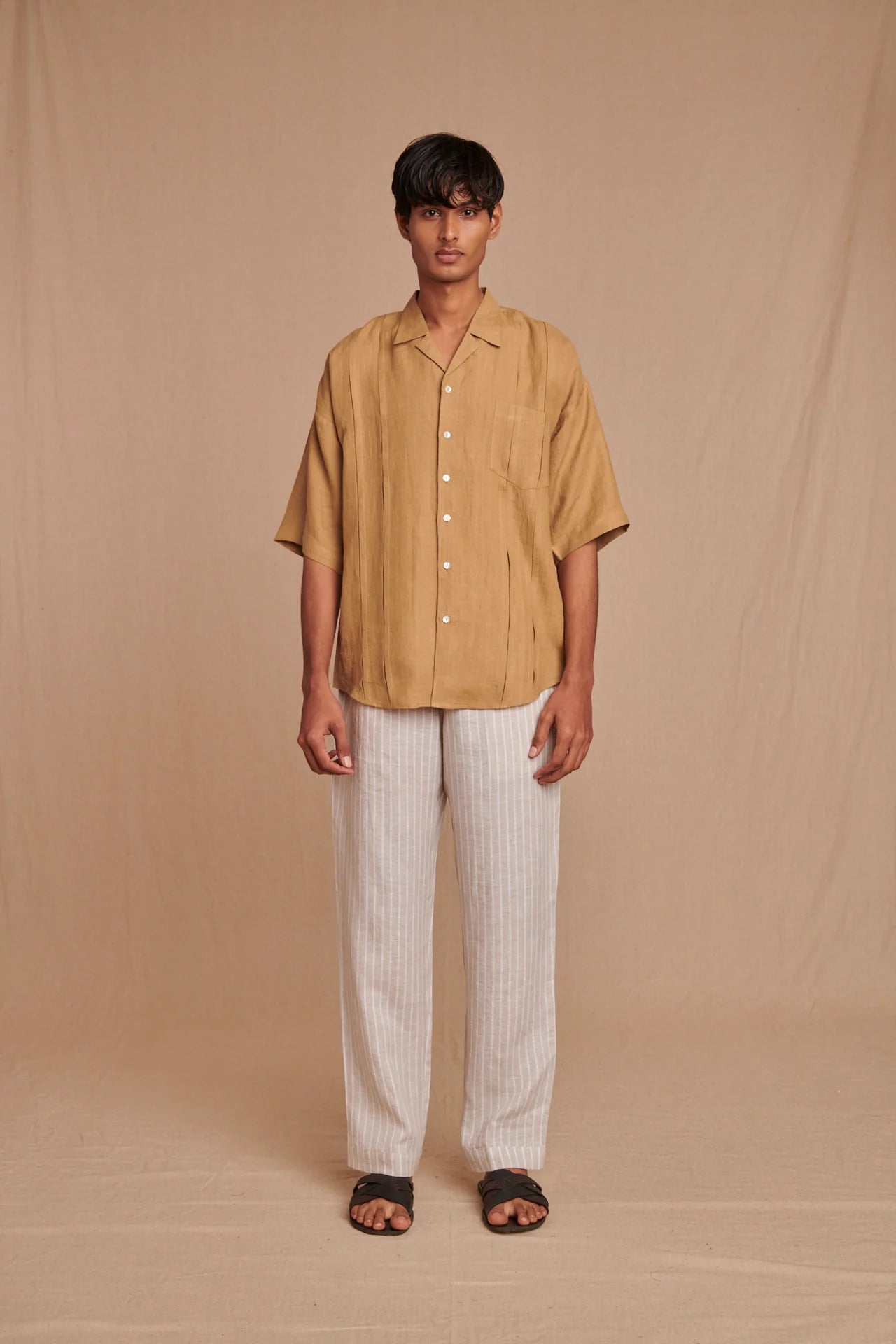 Husk Linen Men's Pleated Camp Collar Shirt