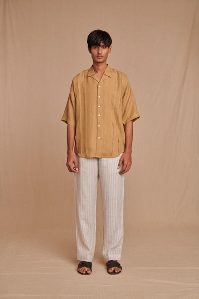 Husk Linen Men's Pleated Camp Collar Shirt