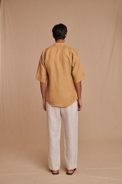 Husk Linen Men's Pleated Camp Collar Shirt