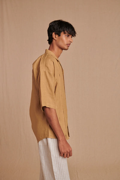 Husk Linen Men's Pleated Camp Collar Shirt