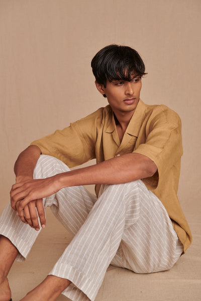 Husk Linen Men's Pleated Camp Collar Shirt