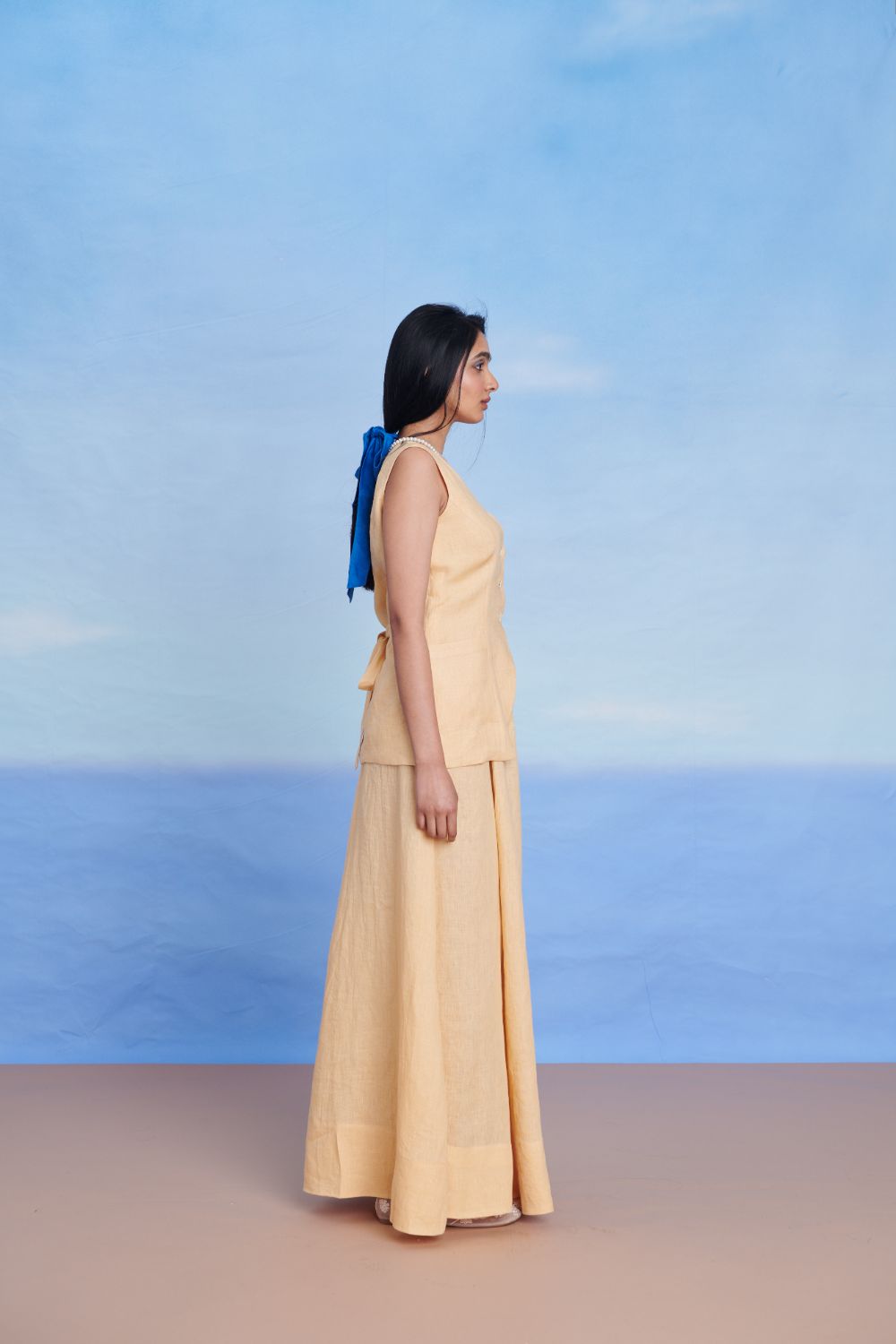 Butterscotch Linen V-neck Skirt & Maxi Skirt Set