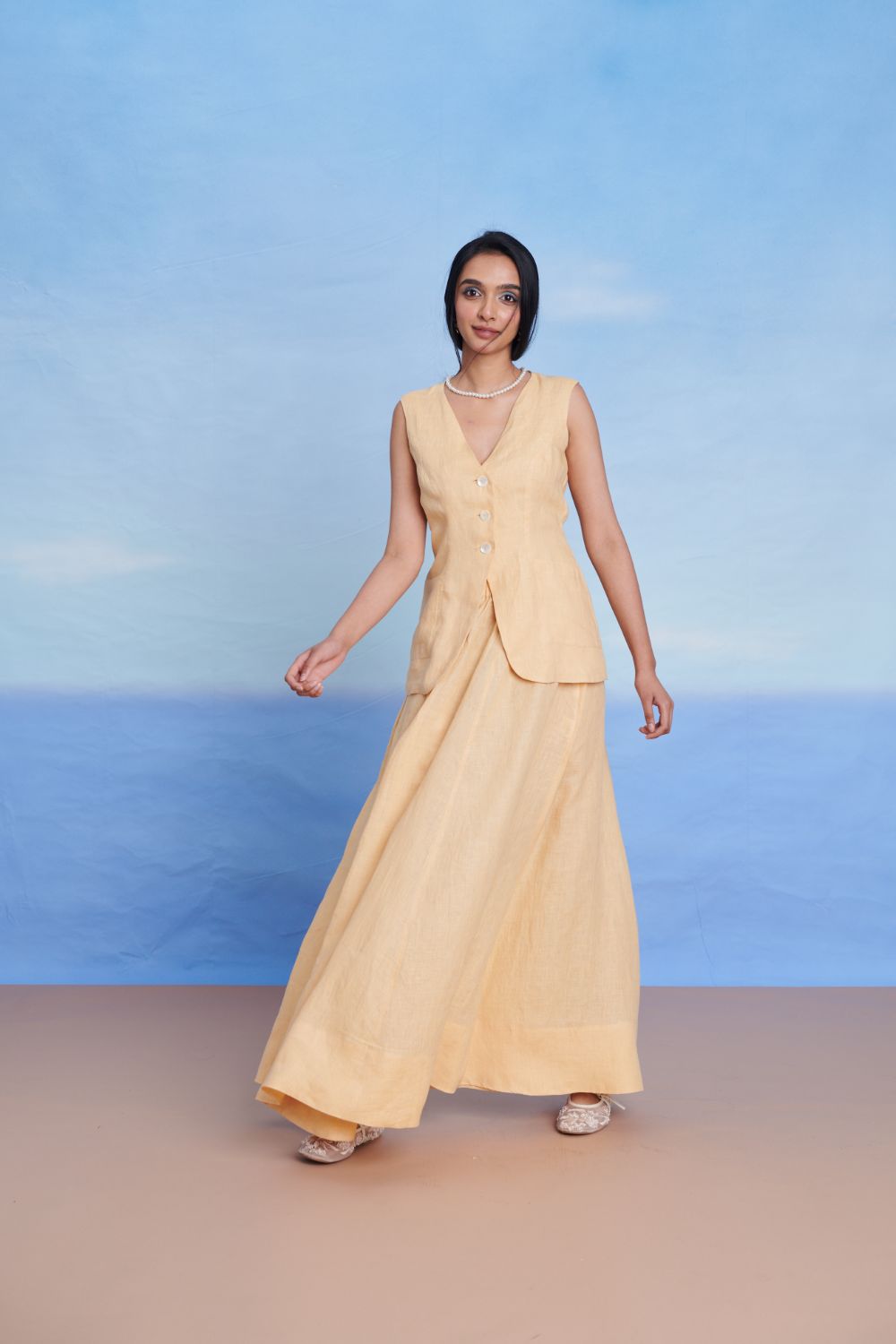 Butterscotch Linen V-neck Skirt & Maxi Skirt Set