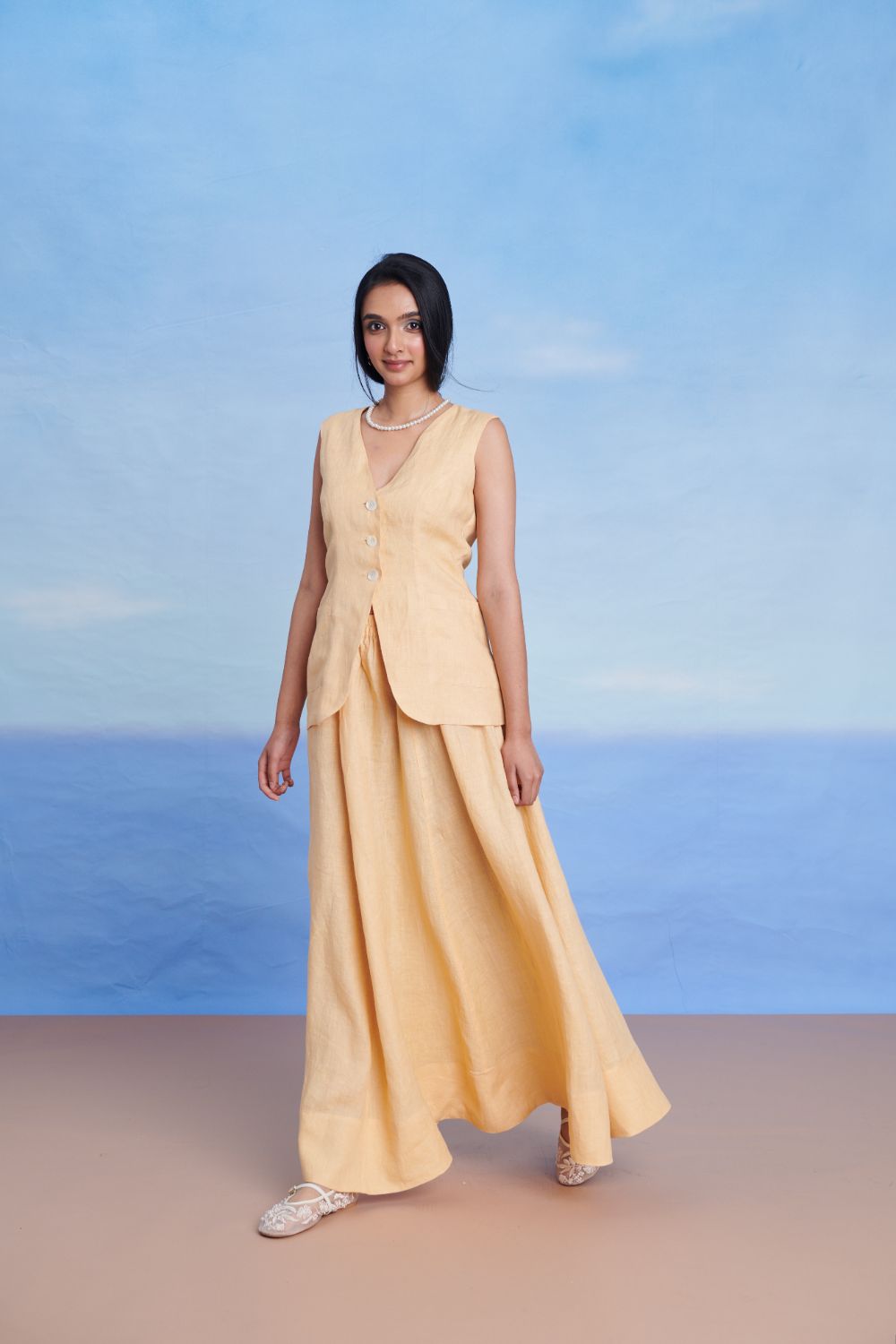Butterscotch Linen V-neck Skirt & Maxi Skirt Set
