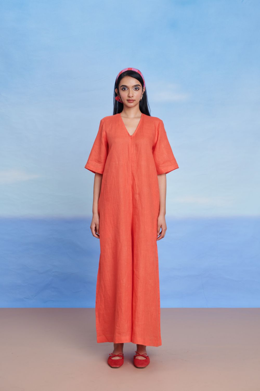 Tangerine Linen Half Sleeves Flared Jumpsuit