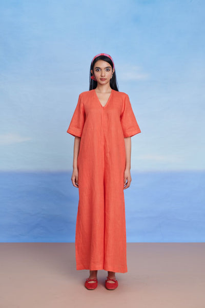 Tangerine Linen Half Sleeves Flared Jumpsuit
