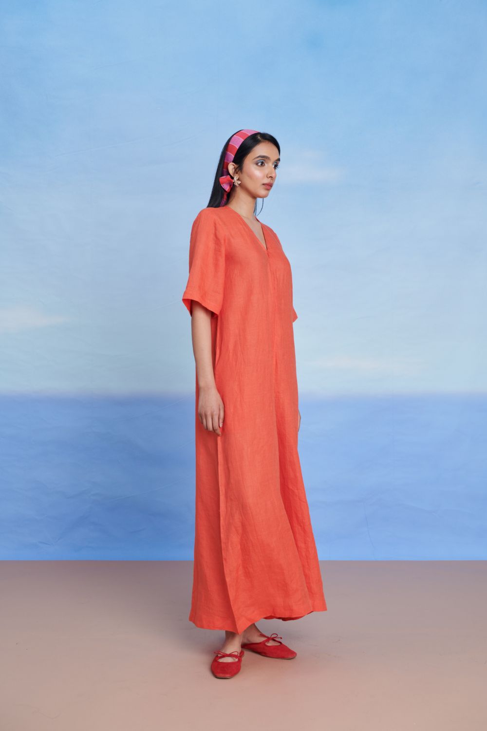 Tangerine Linen Half Sleeves Flared Jumpsuit