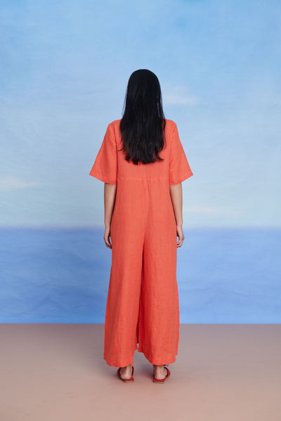 Tangerine Linen Half Sleeves Flared Jumpsuit