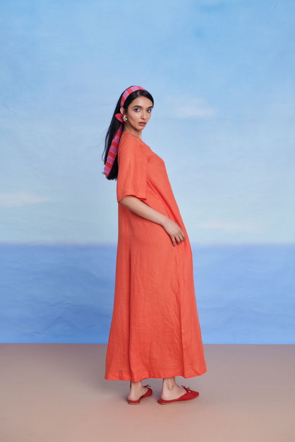 Tangerine Linen Half Sleeves Flared Jumpsuit