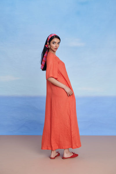Tangerine Linen Half Sleeves Flared Jumpsuit