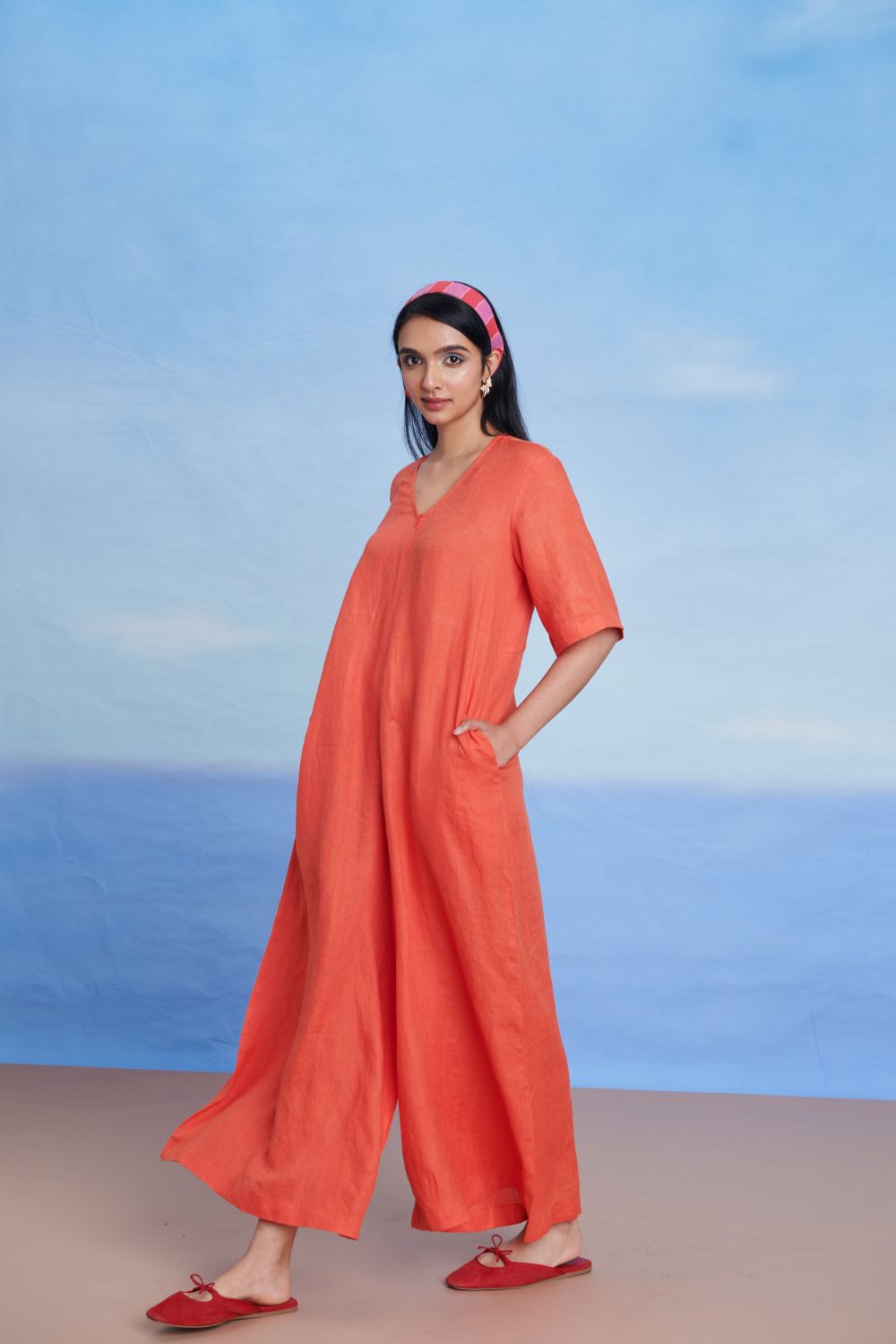 Tangerine Linen Half Sleeves Flared Jumpsuit