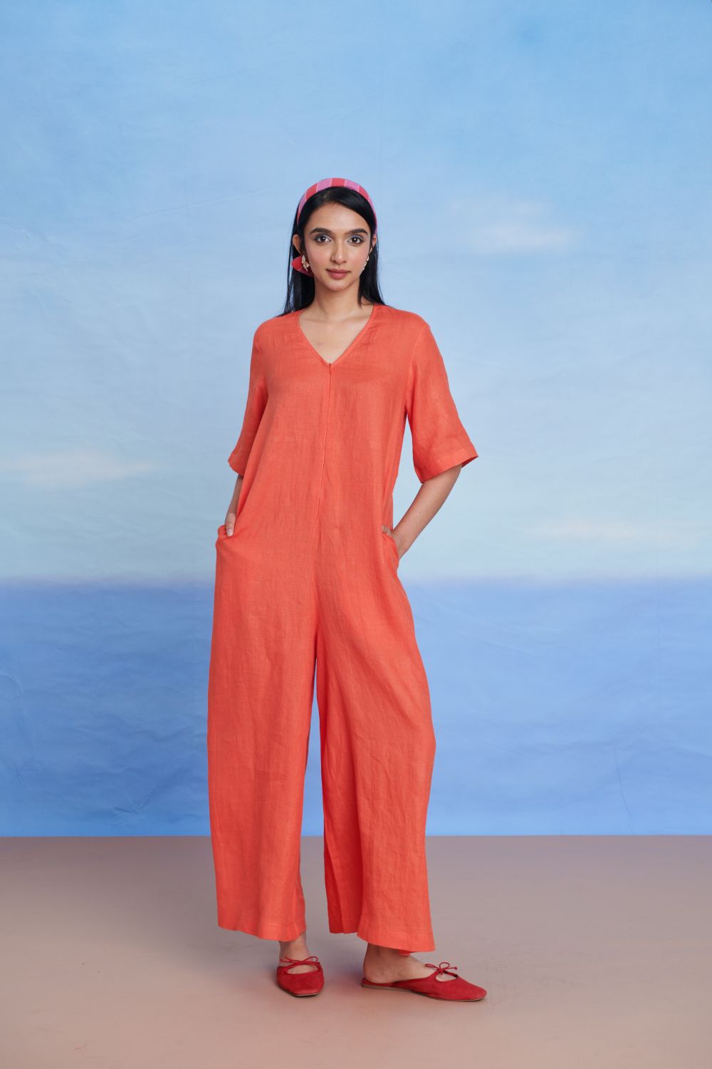 Tangerine Linen Half Sleeves Flared Jumpsuit