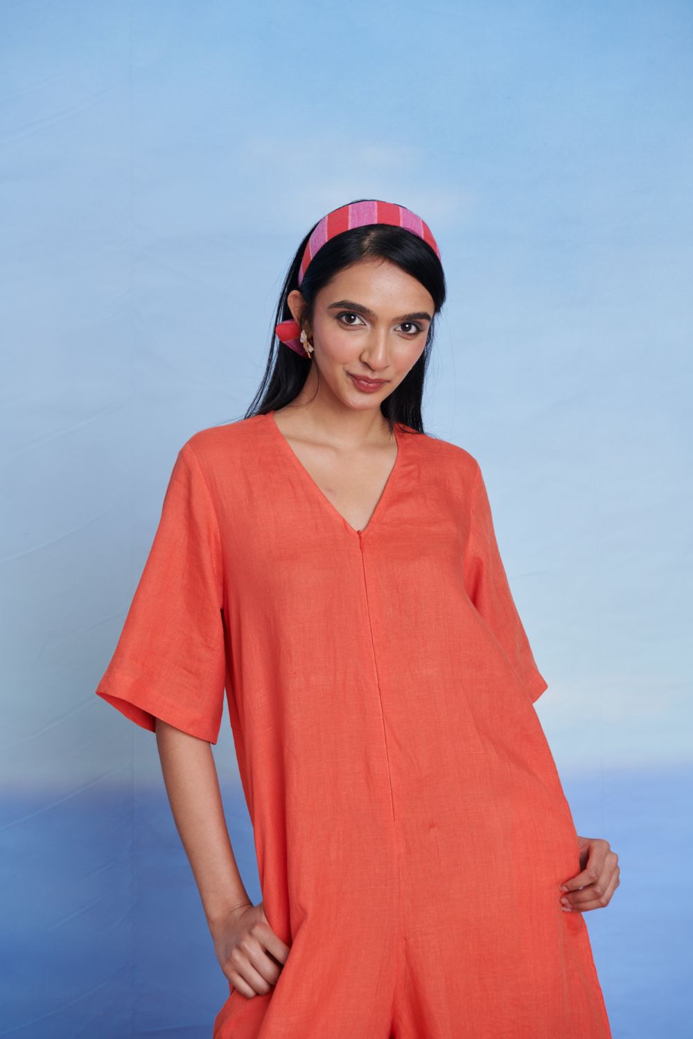 Tangerine Linen Half Sleeves Flared Jumpsuit