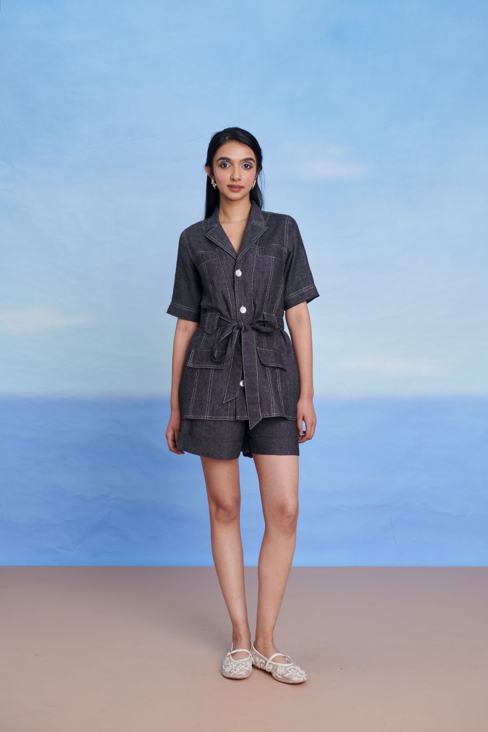Graphite Linen Denim Front Tie Jacket