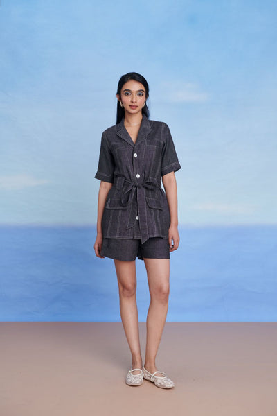 Graphite Linen Denim Front Tie Jacket