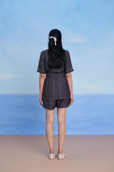 Graphite Linen Denim Front Tie Jacket