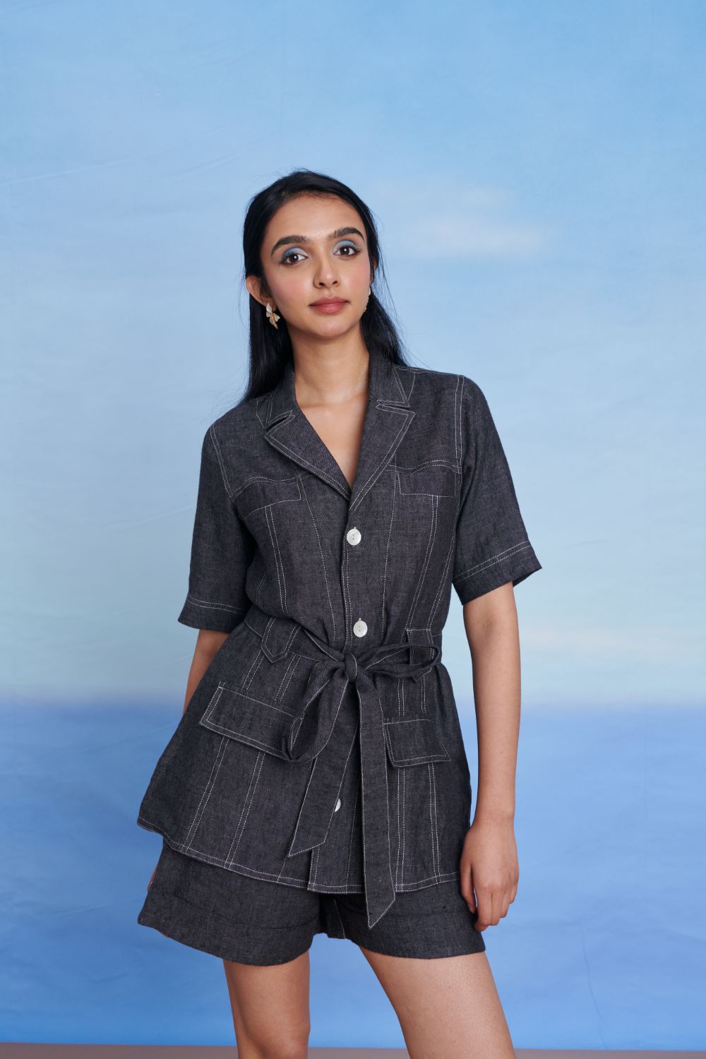 Graphite Linen Denim Front Tie Jacket