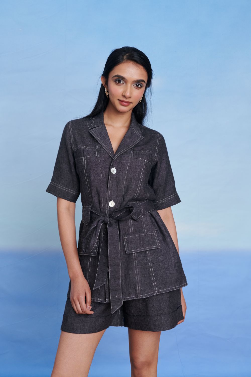 Graphite Linen Denim Front Tie Jacket