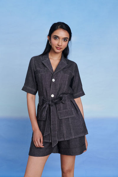Graphite Linen Denim Front Tie Jacket