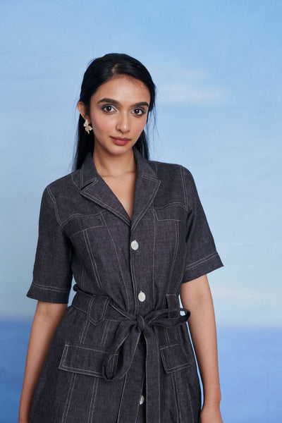 Graphite Linen Denim Front Tie Jacket