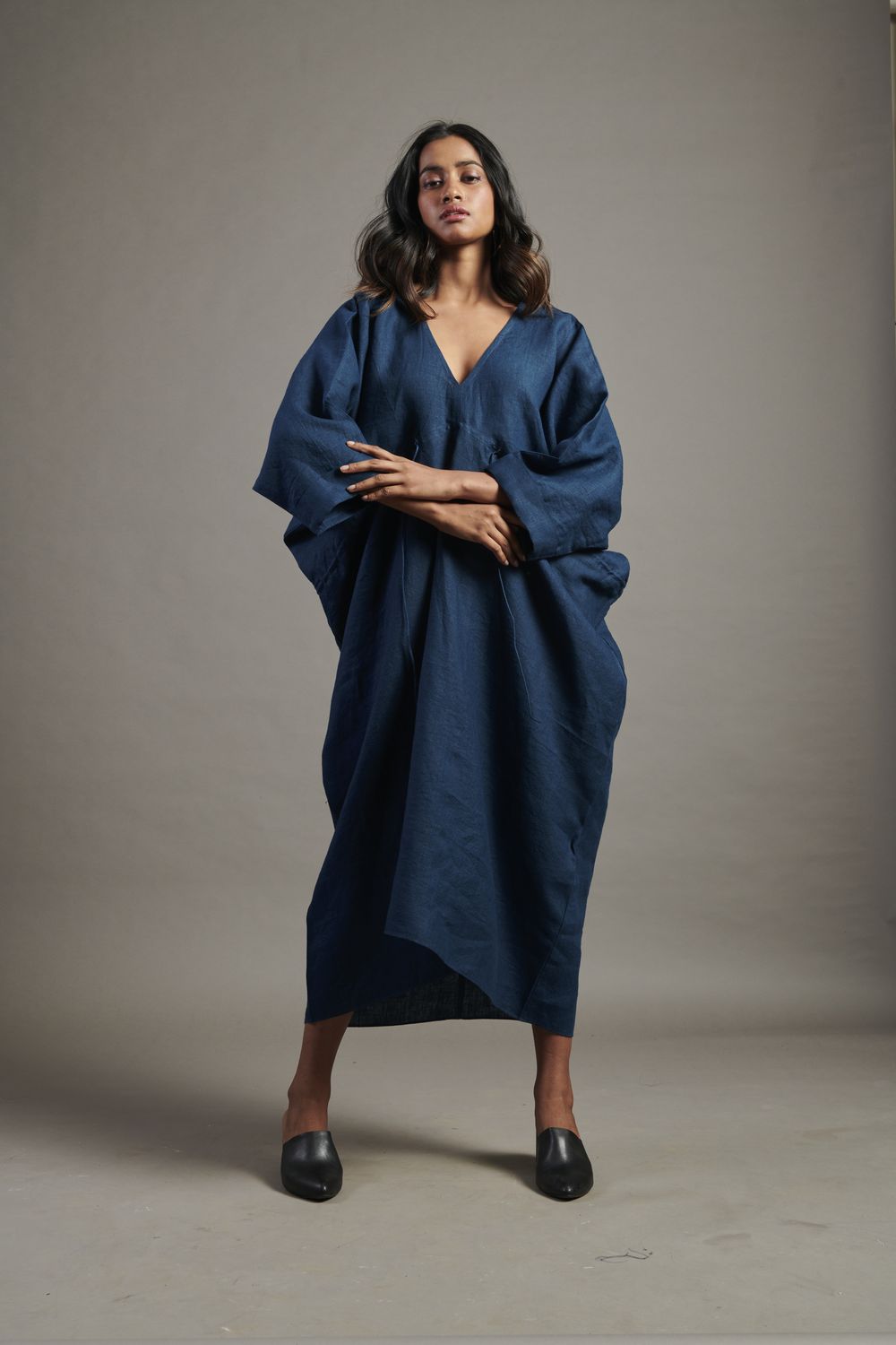 Indigo Linen Gathered Kaftan Dress