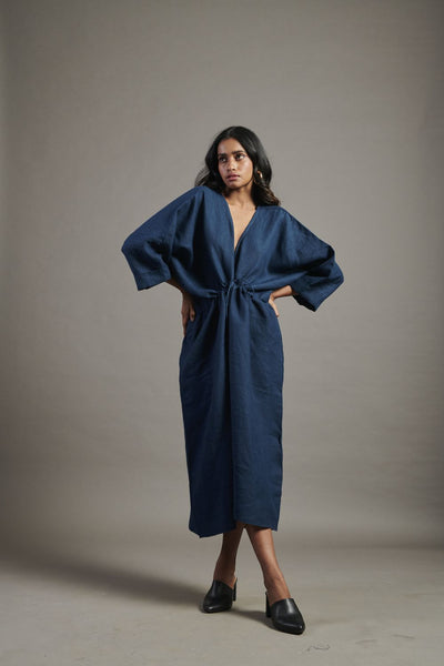 Indigo Linen Gathered Kaftan Dress