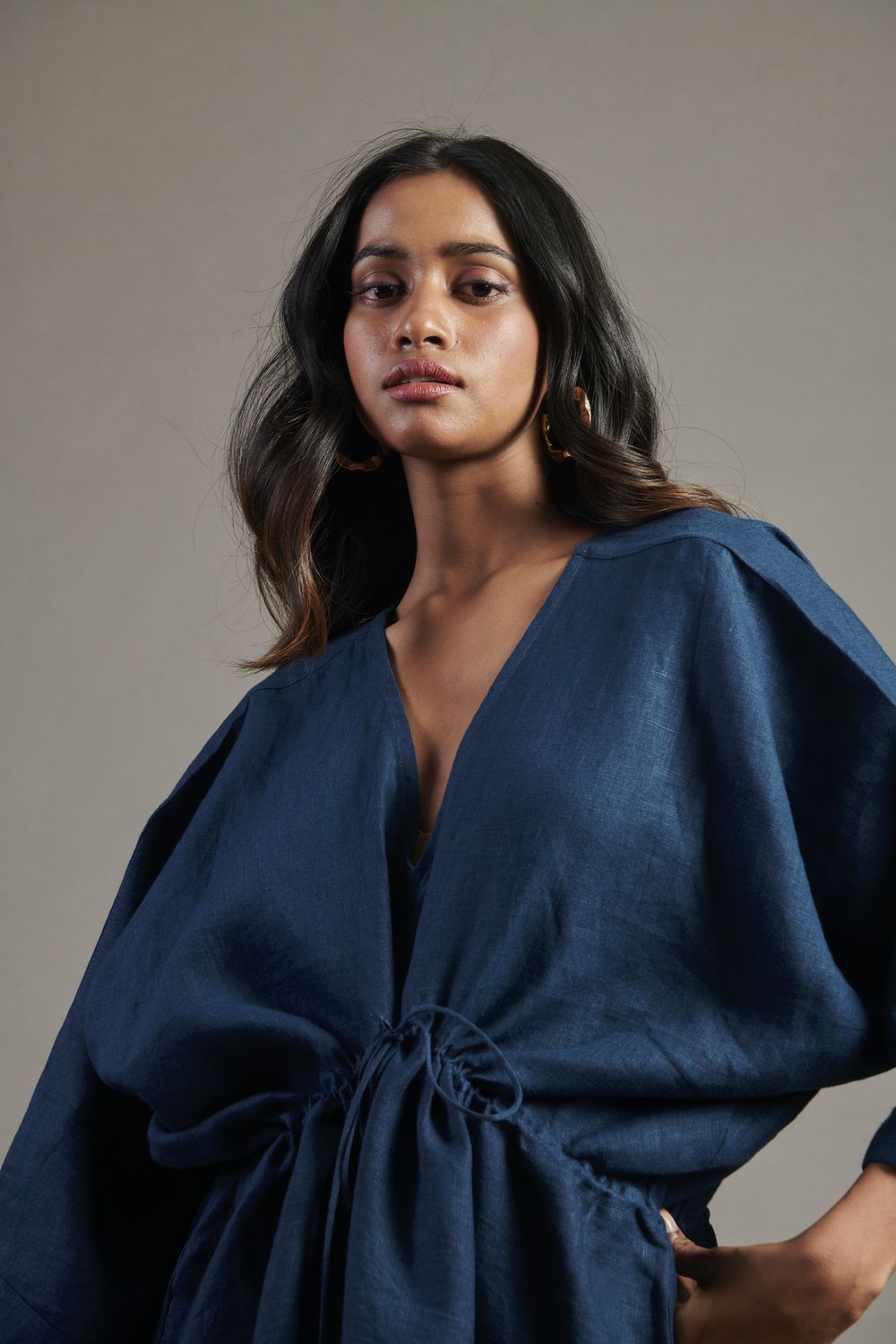 Indigo Linen Gathered Kaftan Dress