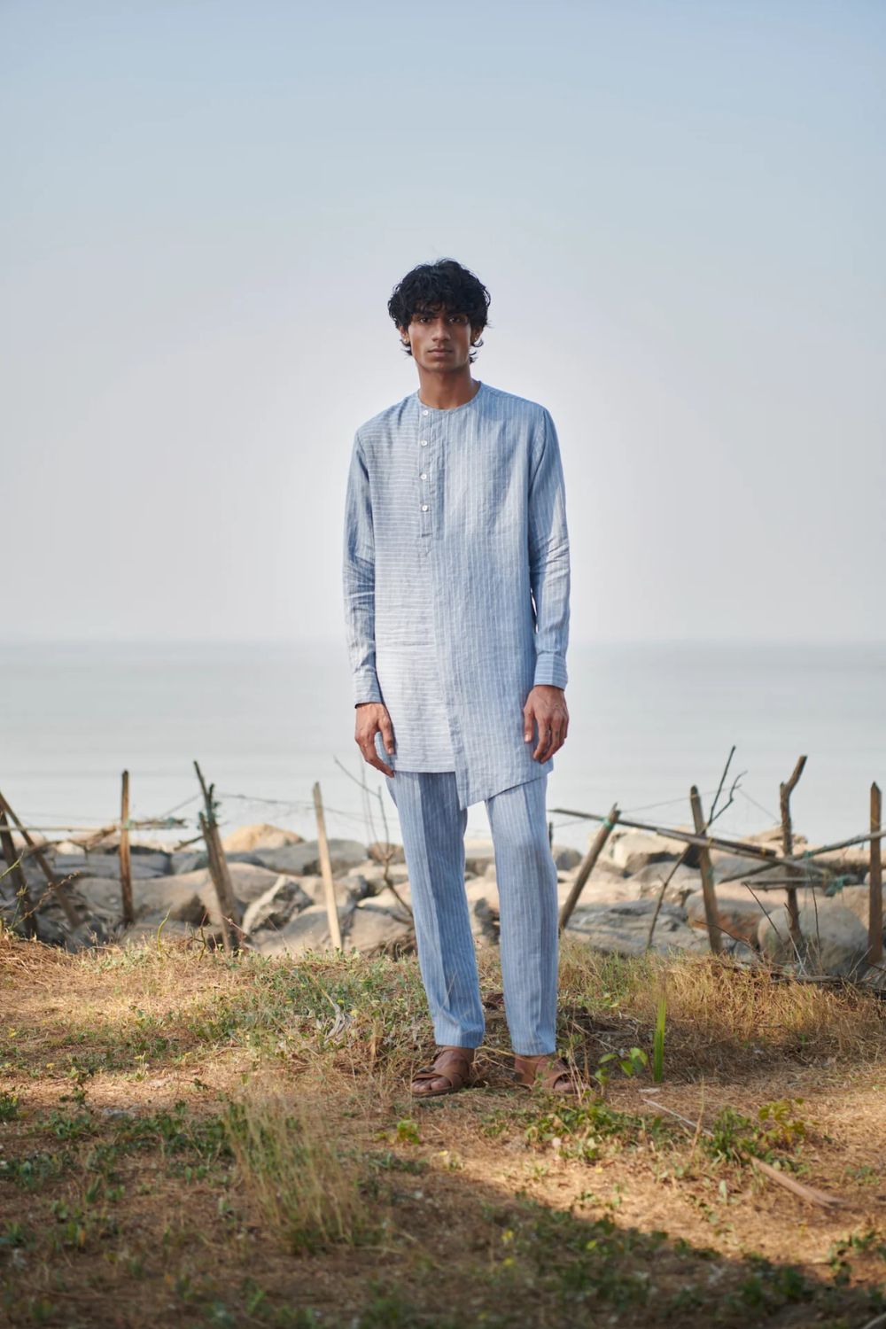 Sky Pinstripe Linen Side Open Kurta Set