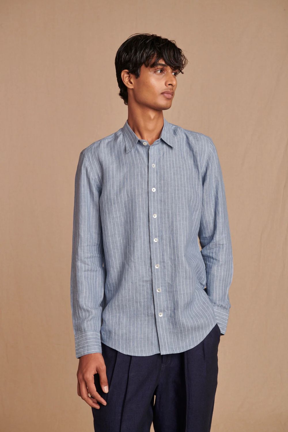 Sky Pinstripe Linen Men's Oxford Shirt - Slim Fit