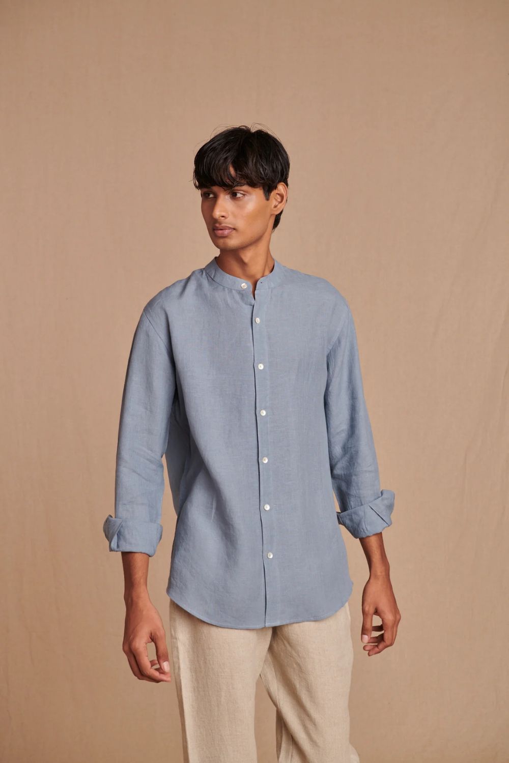 Sky Linen Men's Band Collar Shirt