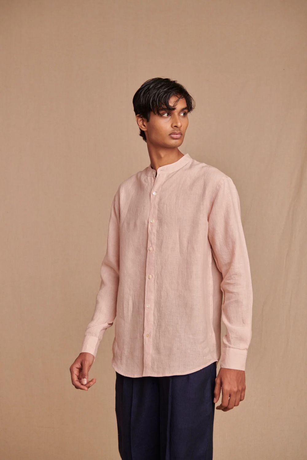 Blush Linen Men's Band Collar Shirt