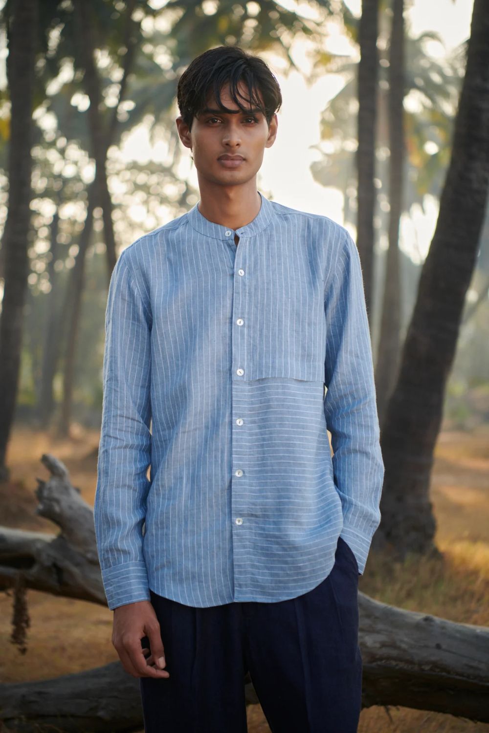 Sky Pinstripe Linen Men's Band Collar Shirt - Slim Fit