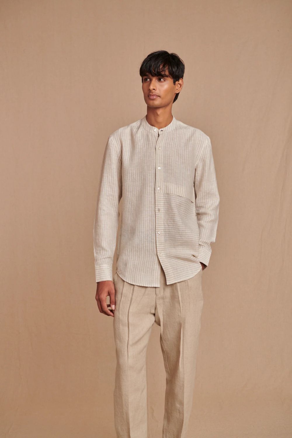 Undyed Pinstripe Linen Men's Band Collar Shirt - Slim Fit