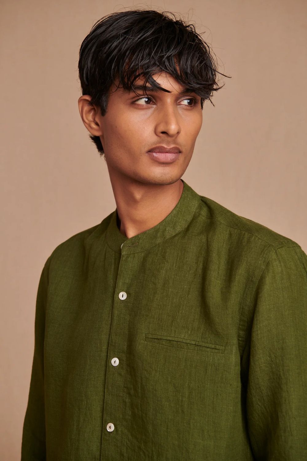 Safari Linen Men's Band Collar Shirt - Slim Fit
