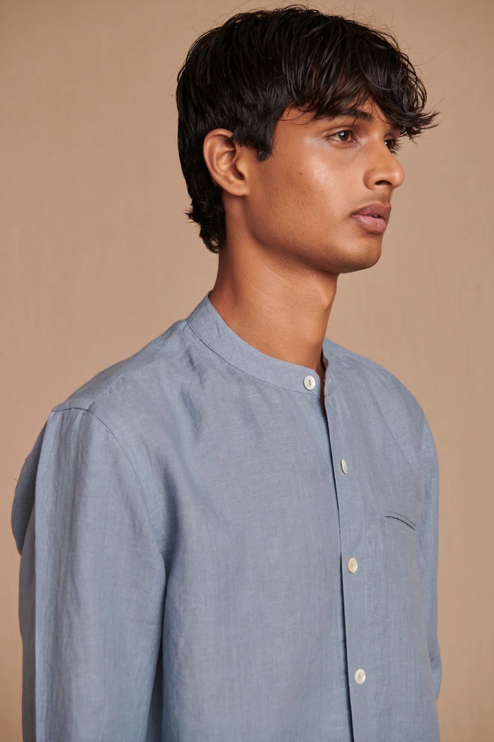 Sky Linen Men's Band Collar Shirt - Slim Fit