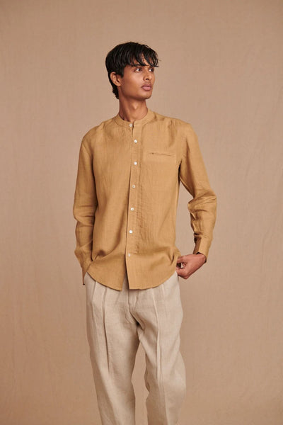 Husk Linen Men's Band Collar Shirt - Slim Fit