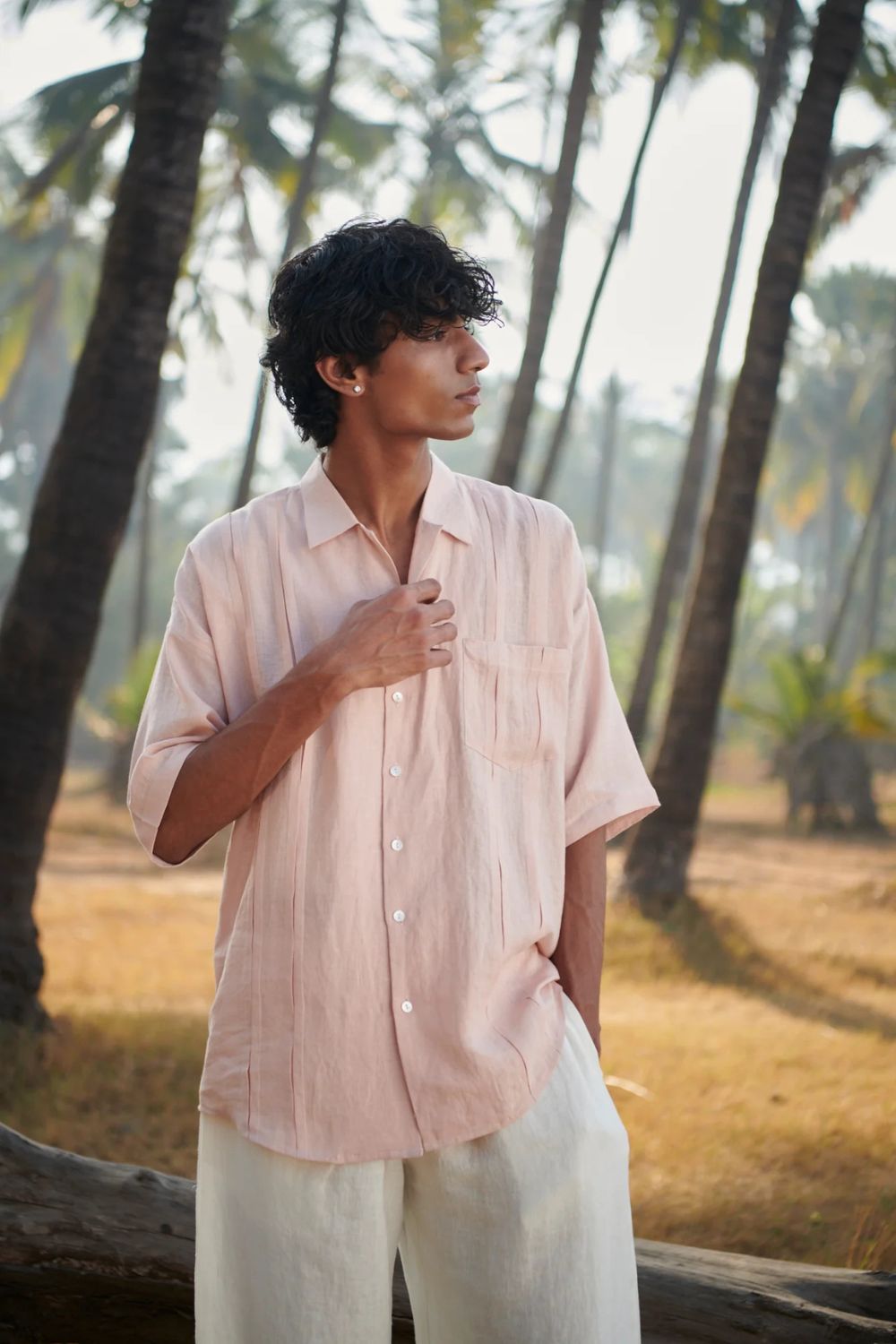 Blush Linen Men's Pleated Camp Collar Shirt