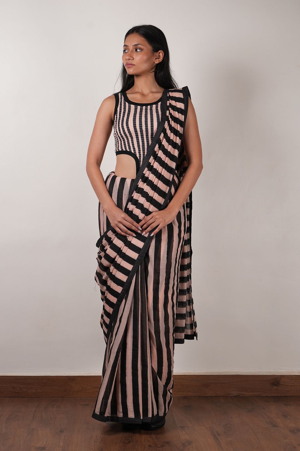 Pink with Charcoal Block Printed Saree